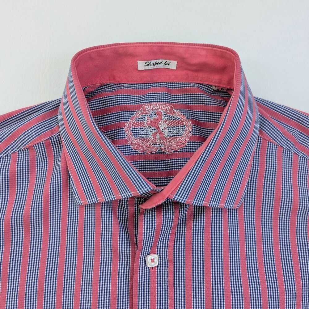 Bugatchi Uomo Men's Striped Shaped Fit Button Down Dress Shirt Size XL Navy Pink